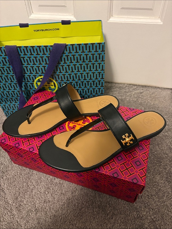 Tory Burch Shoes - Tory Burch Black Leather Logo Thong Sandals
